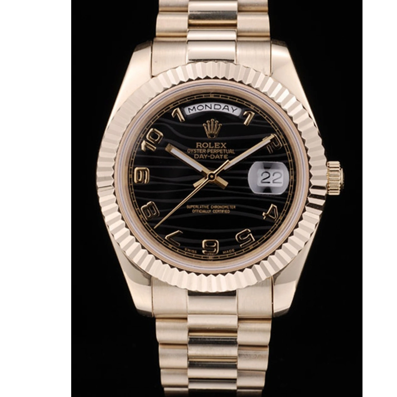 MiroTime 1024 Rolex Swiss DayDate Gold Stainless Steel Ribbed Bezel Black Dial 41998